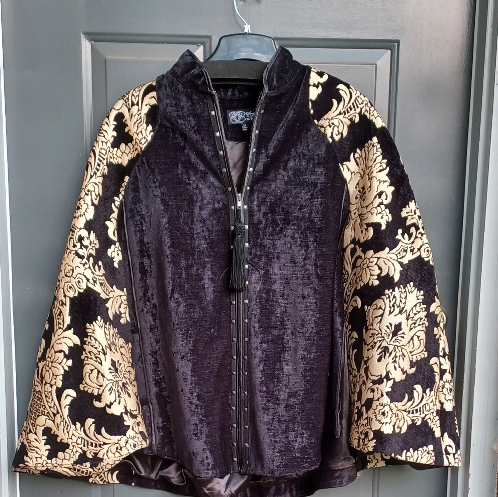 Sharif Black Suede Coat Cape with Cream Embroidered Bell Sleeves - size 2X